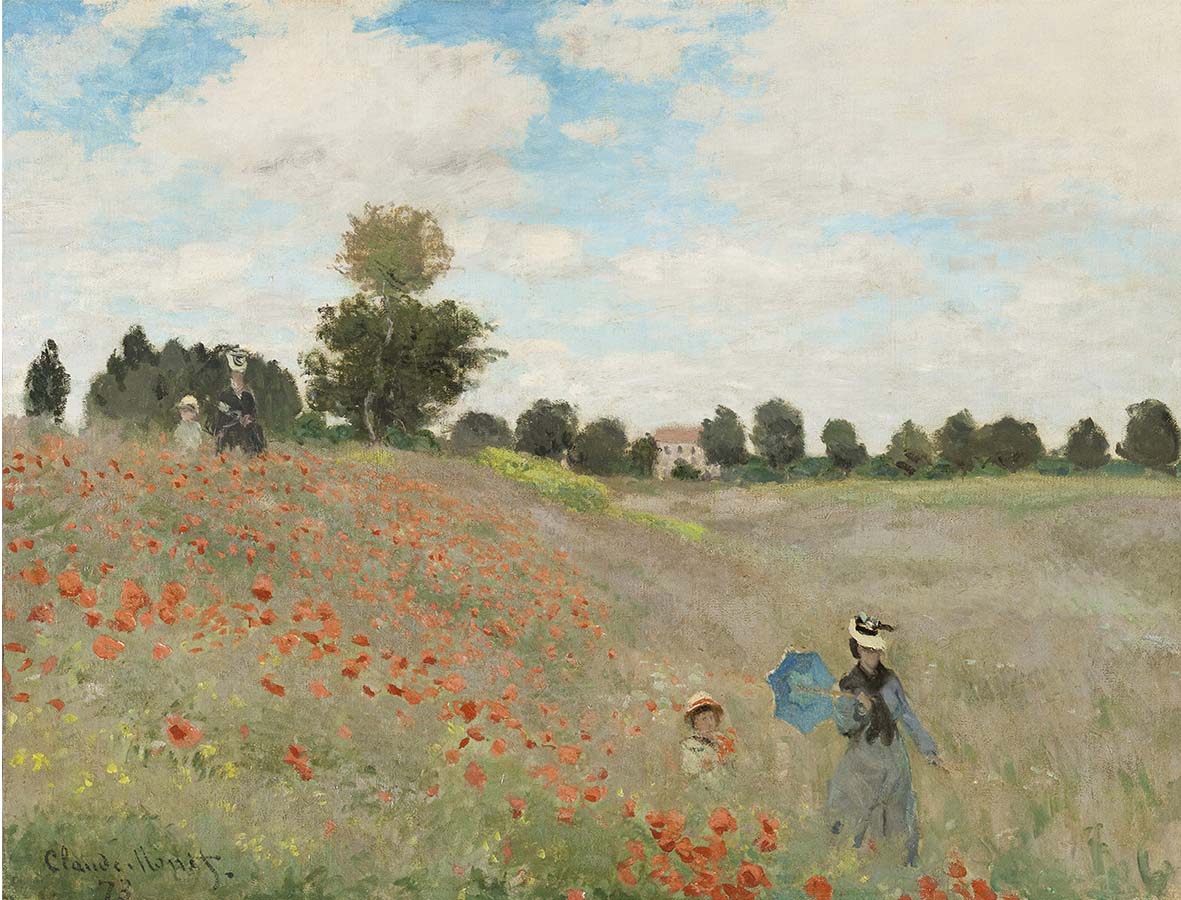 Painting titled Poppies at Argenteuil. Year eighteen seventy-three.