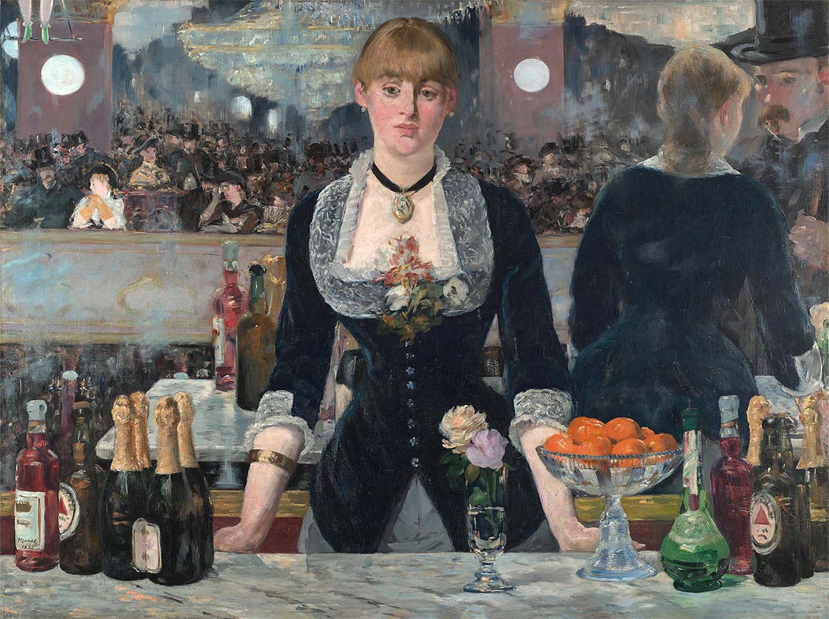 Painting titled A Bar at the Folies-Bergere. Year eighteen eighty-two.