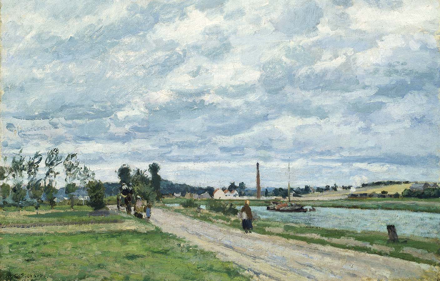 Painting titled The Banks of the Oise near Pontoise. Year eighteen seventy-three.