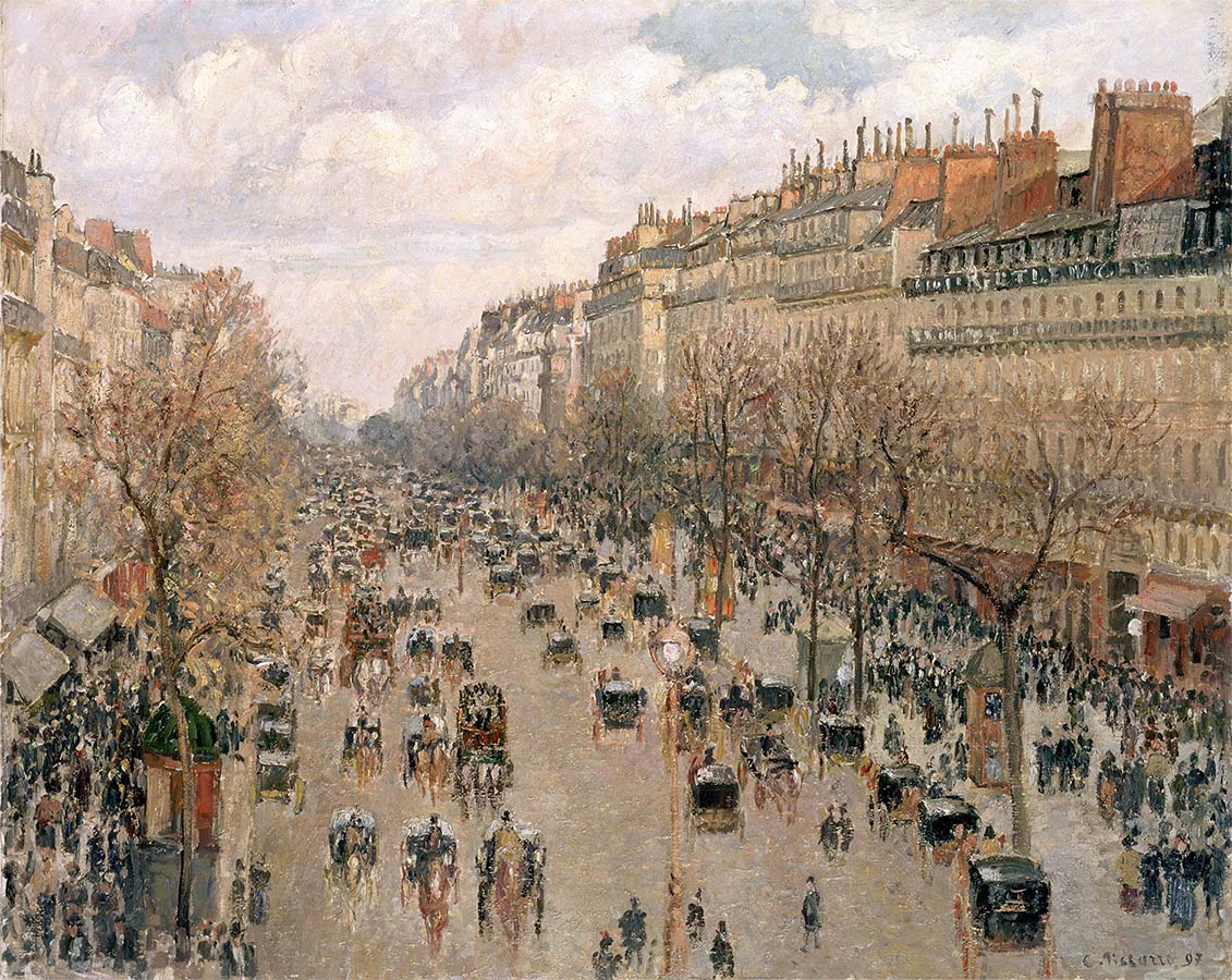 Painting titled Boulevard Montmartre on a Winter Morning. Year eighteen ninety-seven.