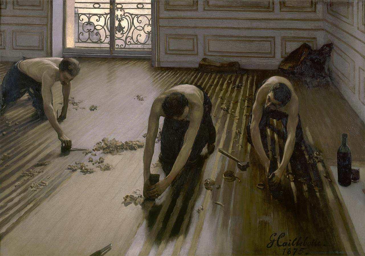 Painting titled The Floor Scrapers. Year eighteen seventy-five.