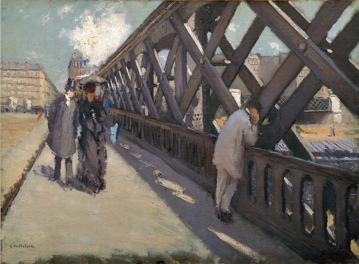 Painting titled Le Pont de l'Europe. Year eighteen seventy-six.