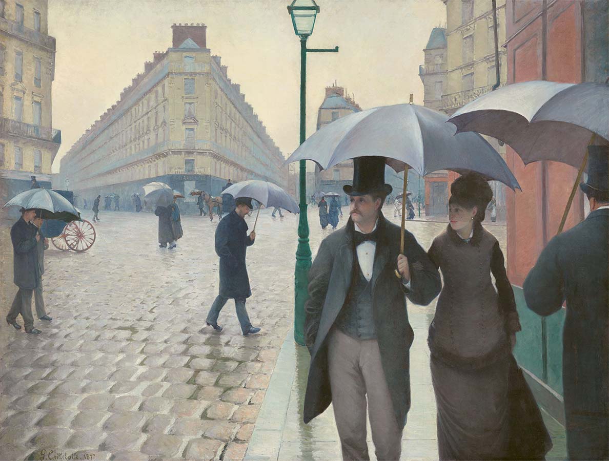 Painting titled Paris Street, Rainy Day. Year eighteen seventy-seven.