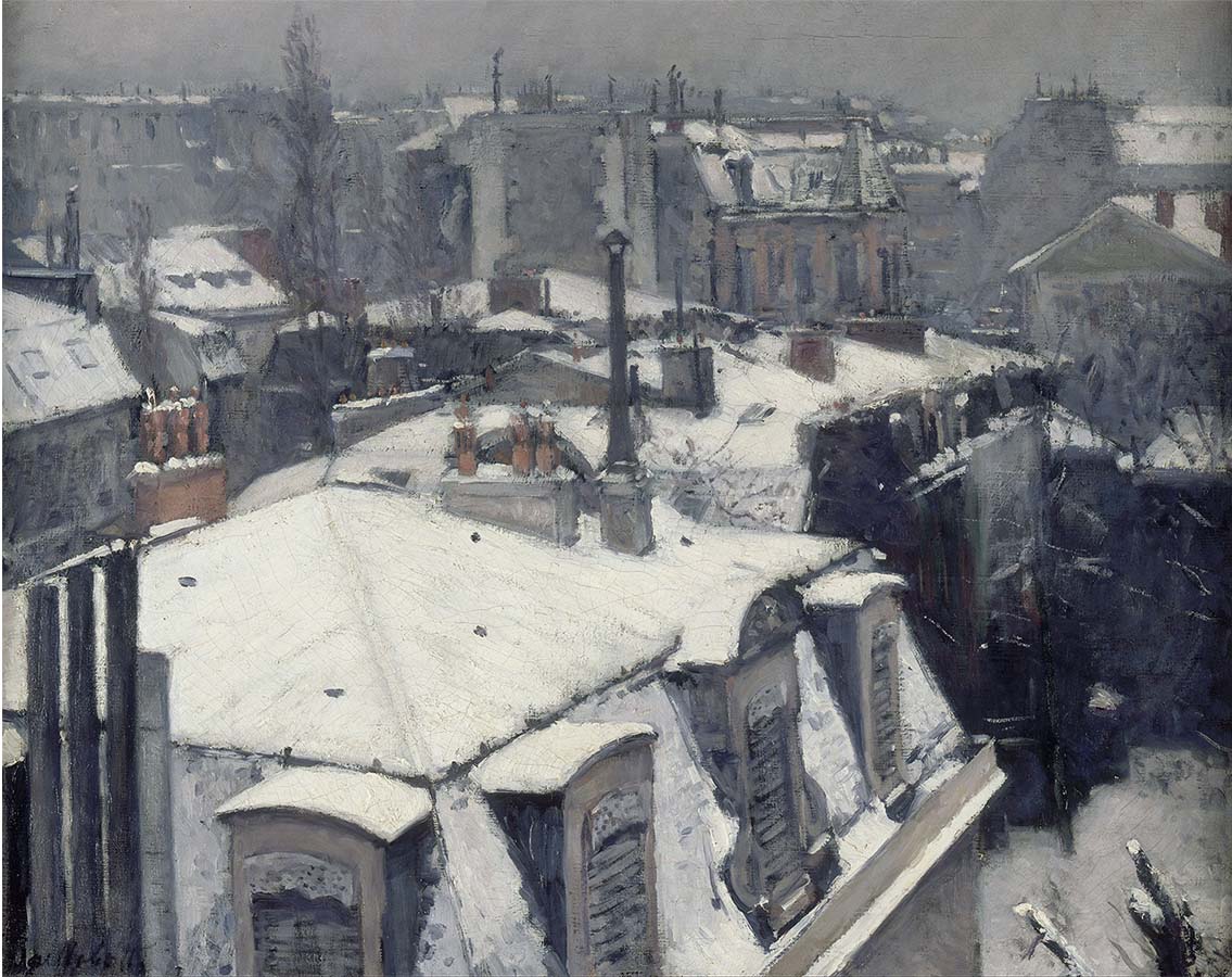 Painting titled Rooftops in the Snow. Year eighteen seventy-eight.