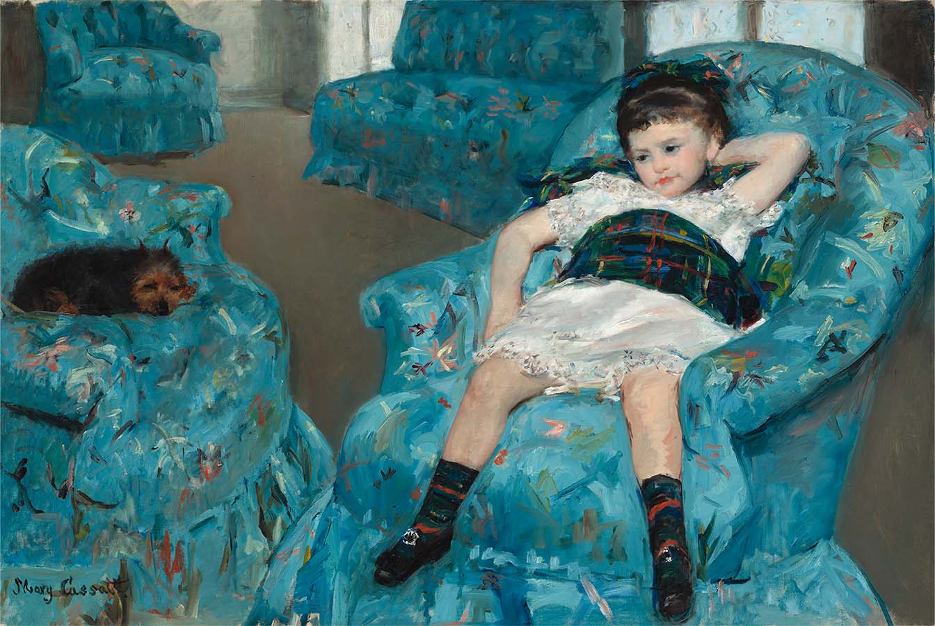 Painting titled Little Girl in a Blue Armchair. Year eighteen seventy-seven to seventy-eight.