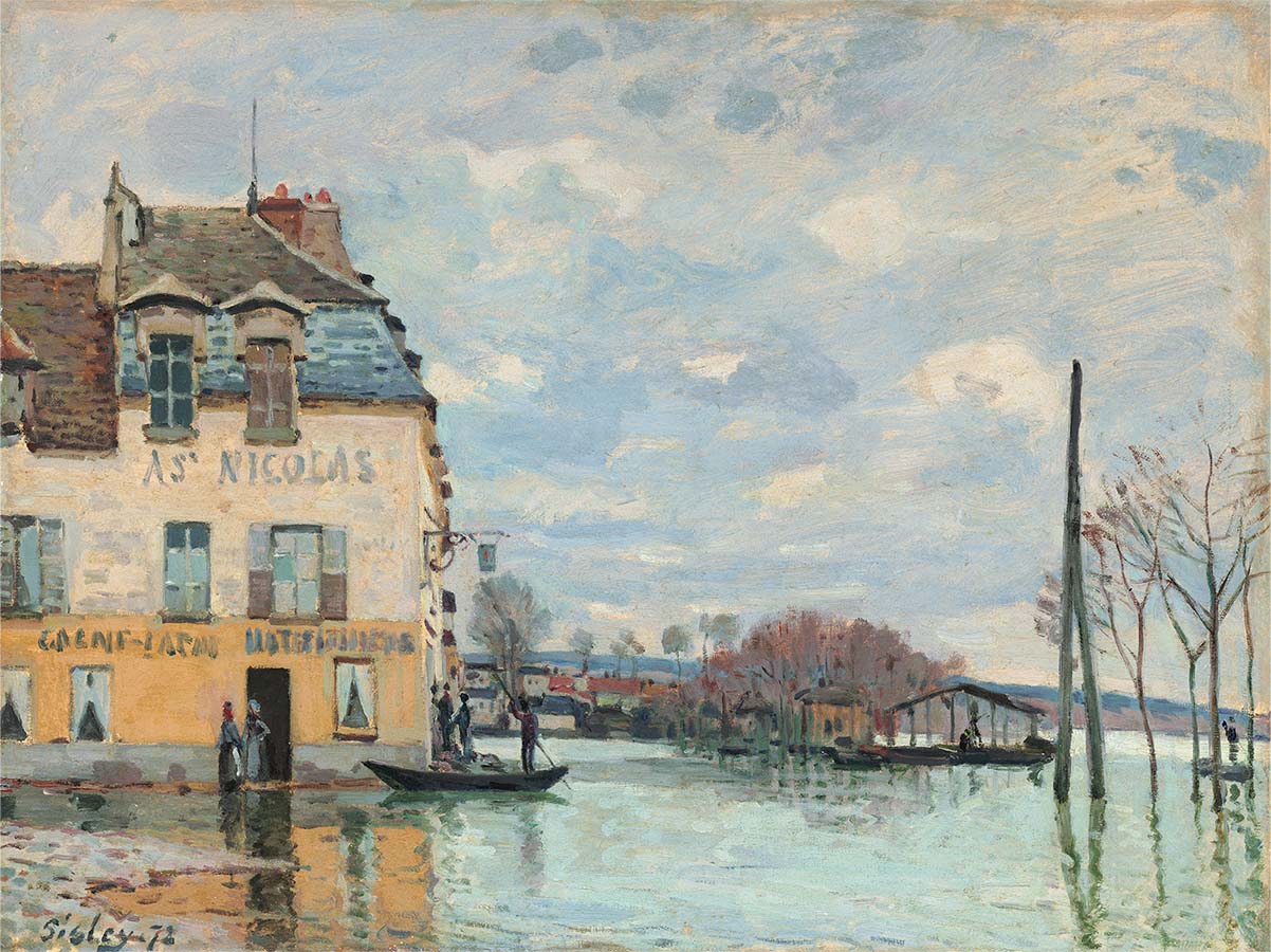 Painting titled Flooding at Port-Marly. Year eighteen seventy-six.