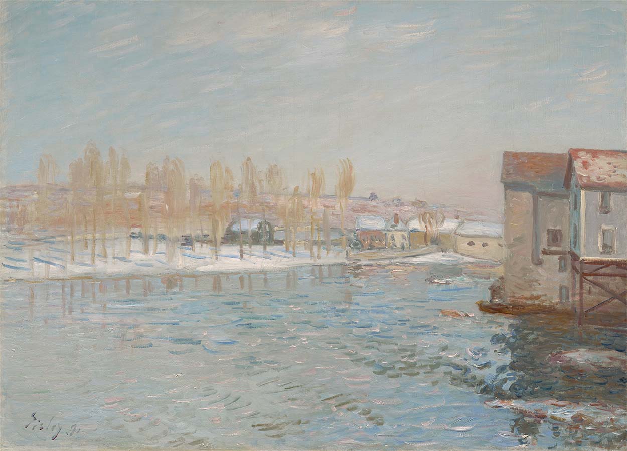 Painting titled The Loing and the Mills of Moret, Snow Effect. Year eighteen ninety-one.