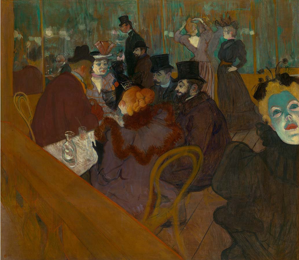 Painting titled At the Moulin Rouge. Year eighteen ninety-two to ninety-five.